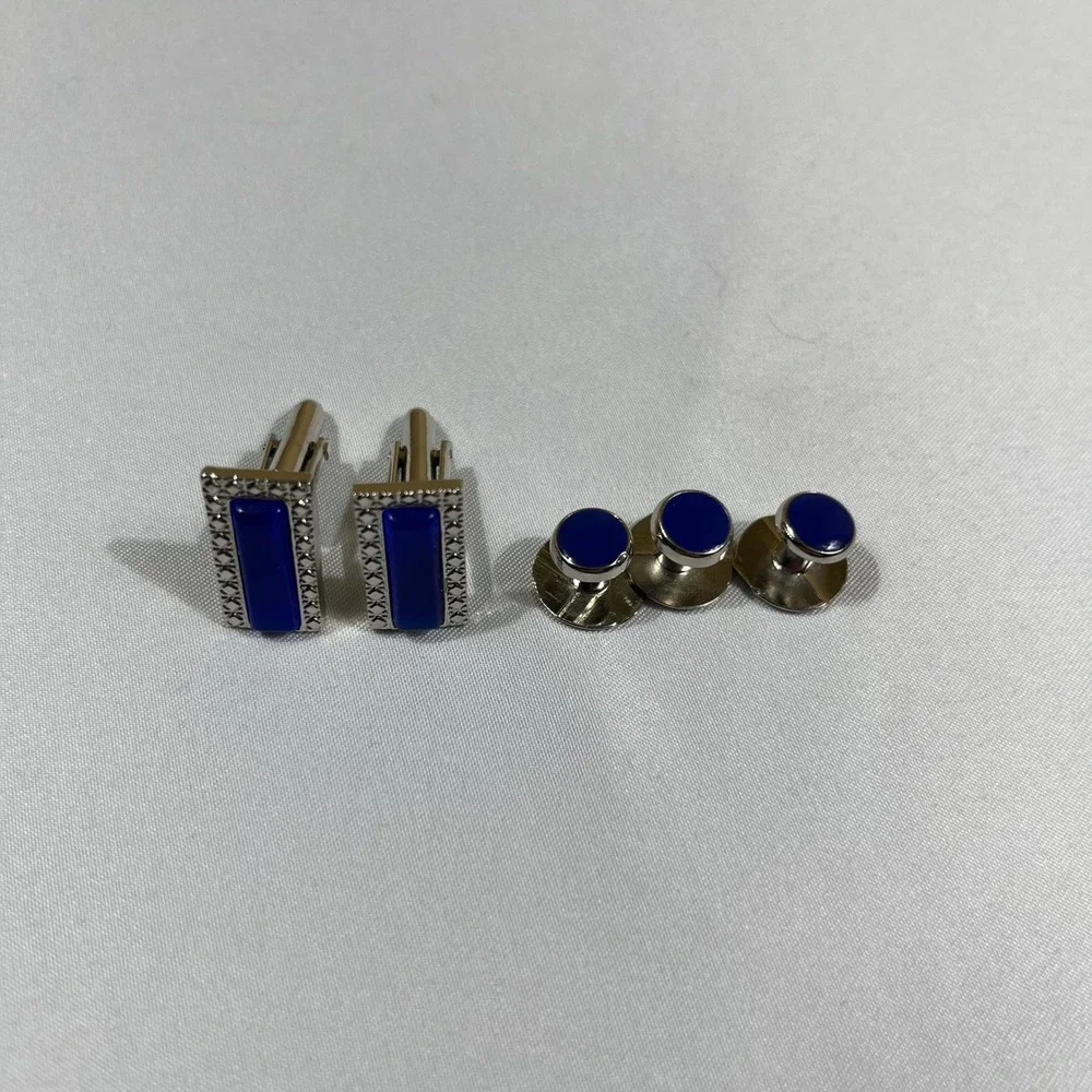 Cufflinks and Studs Set Blue Silver Tone Formal Textured